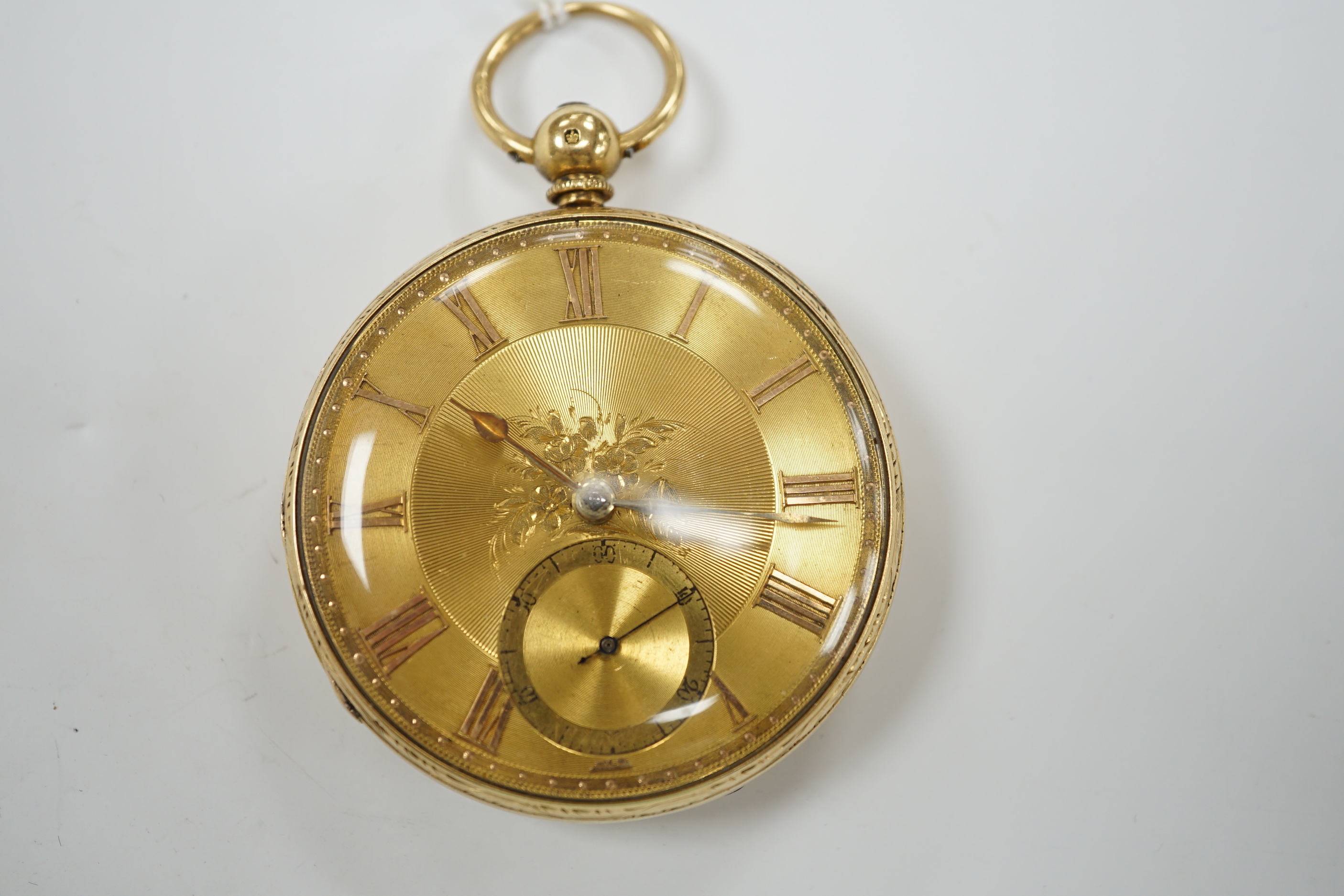 A Victorian 18ct. gold open face keywind pocket watch, with yellow dial and subsidiary seconds, case diameter 54mm, gross weight 126.6 grams.